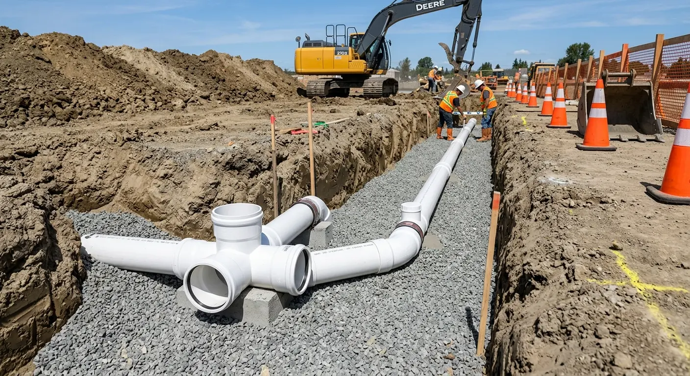 New PVC sewer pipe installation in open trench for Commercial Drain Cleaning in Post Falls